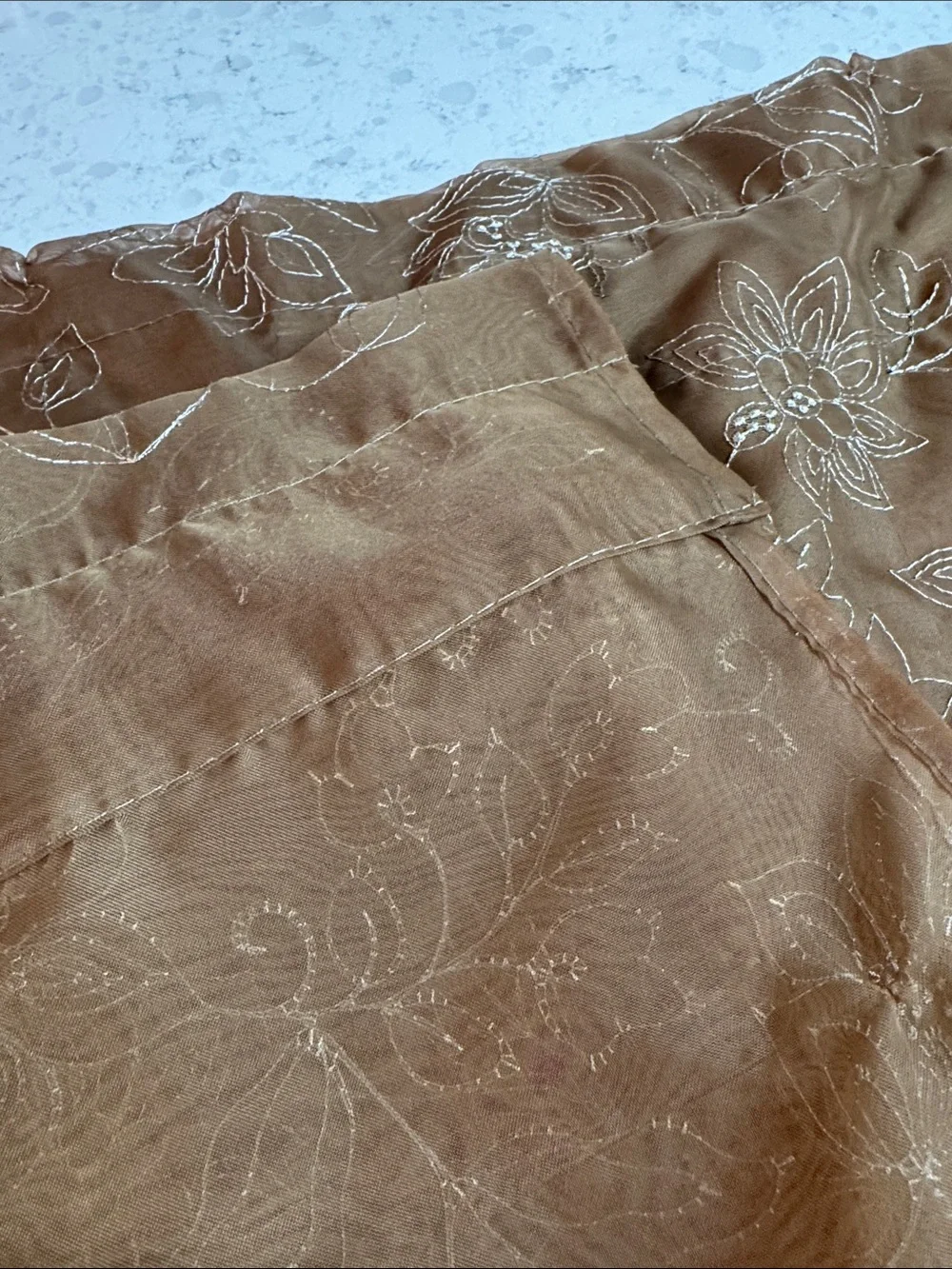 Embroidered Scallop Hem Brown Sheer Overlay Valence pair